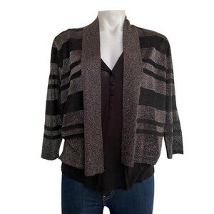 August Silk Black Gray Shimmery Metallic Striped 3/4 Sleeve Cardigan Sweater Siz